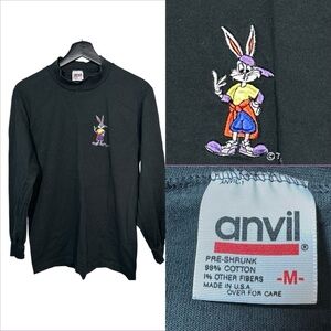 Vtg Anvil Looney Tunes Bugs Bunny Embroidered Black Tee Sz M USA Made